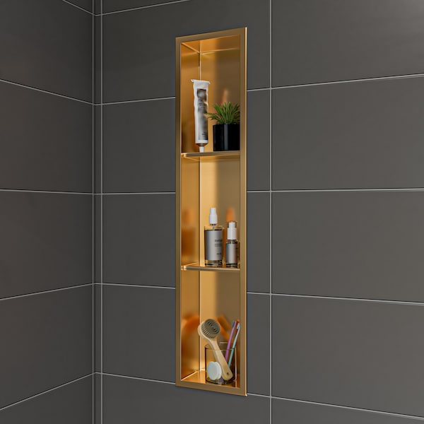 Alfi Brand 8" x 36" Brushed Gold PVD Stainless Steel Vertical Triple Shelf Shower Niche ABNP0836-BG - main